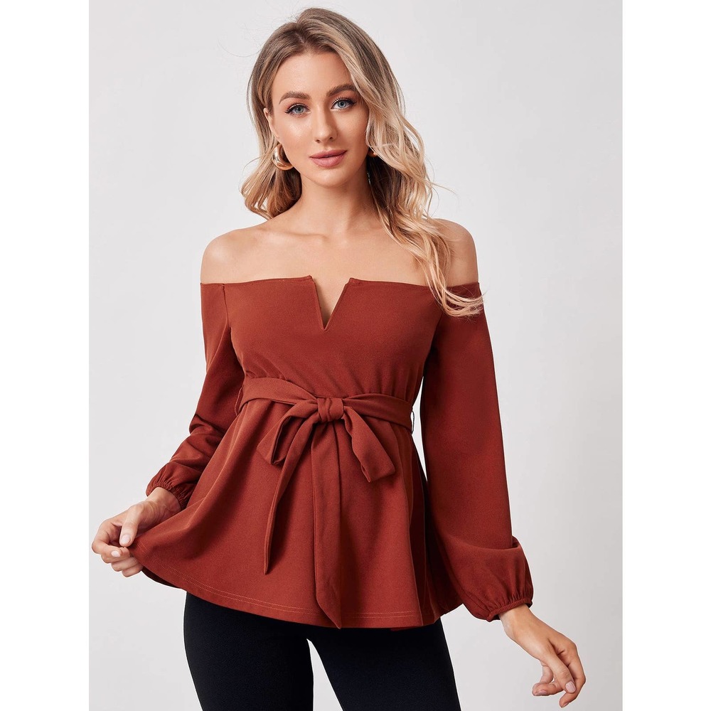 Maternity V Off Shoulder Belted long sleeve Top black - Picture 7 of 8